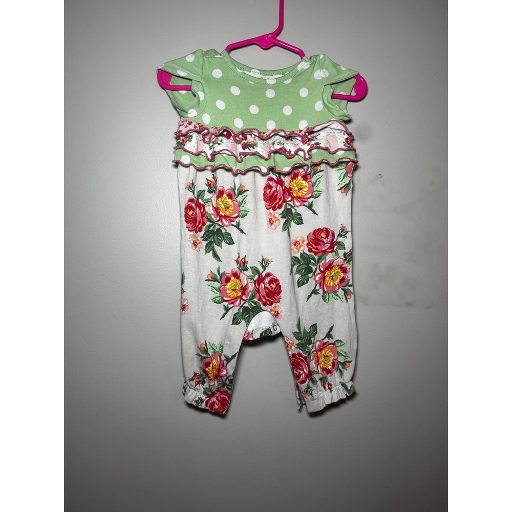 Matilda Jane Baby Girls Green Polka Dot Floral Ruffle Romper 0-3M